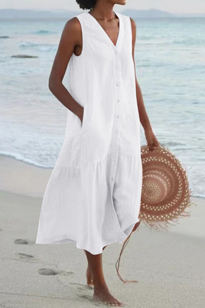 Single-breasted Sleeveless Pocketed Cotton Dress Beige · L