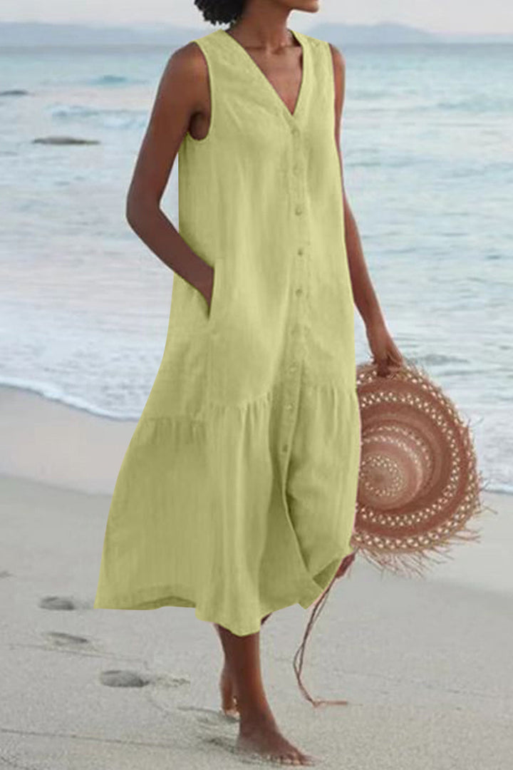 Single-breasted Sleeveless Pocketed Cotton Dress Beige · 2XL