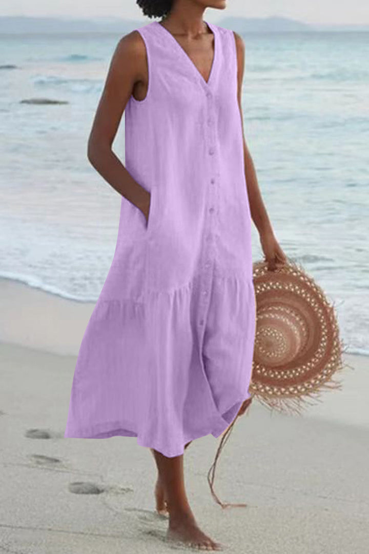 Single-breasted Sleeveless Pocketed Cotton Dress Beige · XL