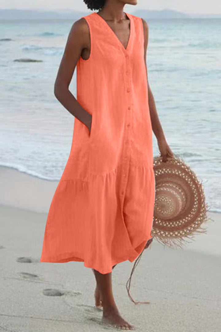 Single-breasted Sleeveless Pocketed Cotton Dress Pink · S