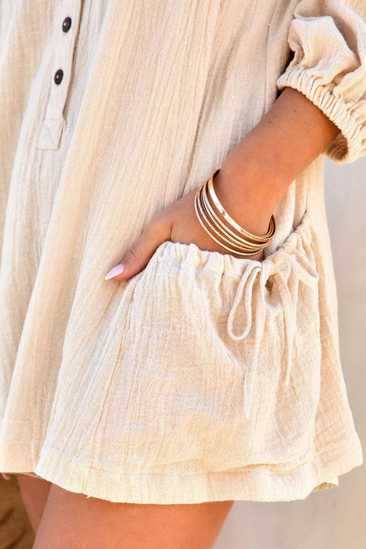 Single-breasted Solid Color Loose Rompers Beige · XL