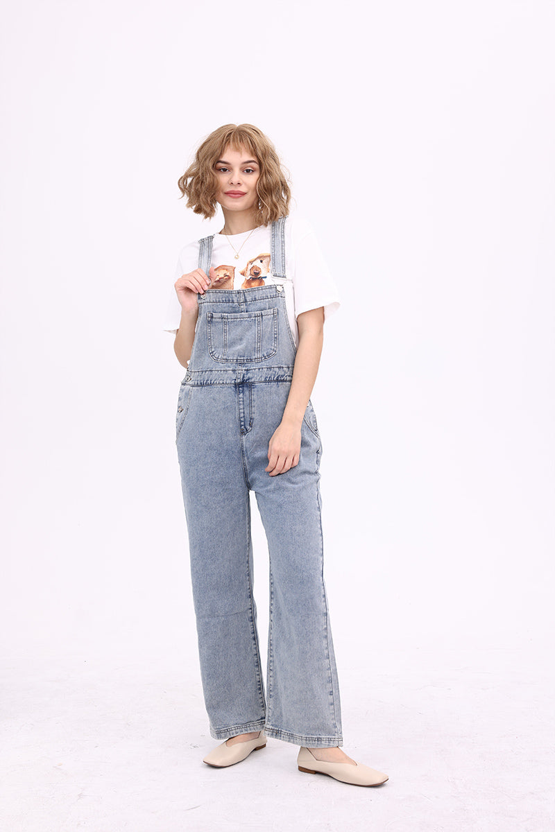 Slant Pocket Wide Leg Denim Overalls Light Blue · L