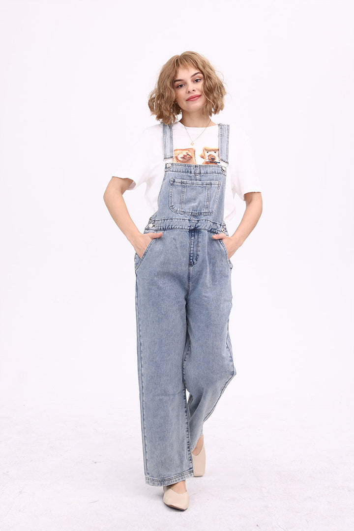 Slant Pocket Wide Leg Denim Overalls Navy · XL