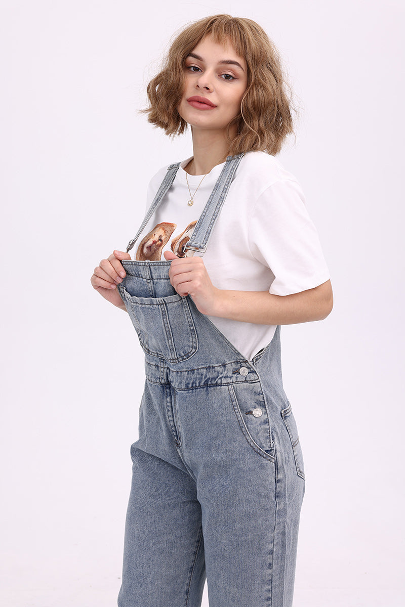 Slant Pocket Wide Leg Denim Overalls Light Blue · M