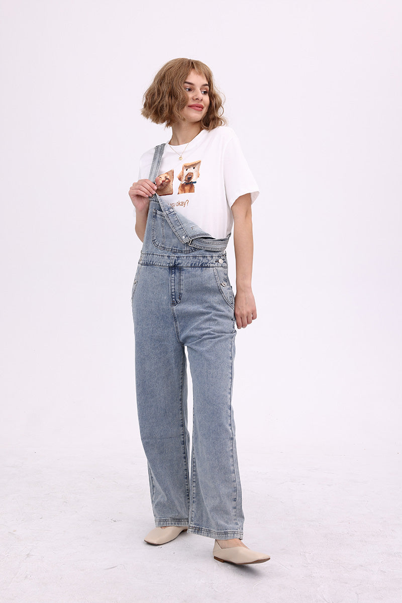 Slant Pocket Wide Leg Denim Overalls Navy · S