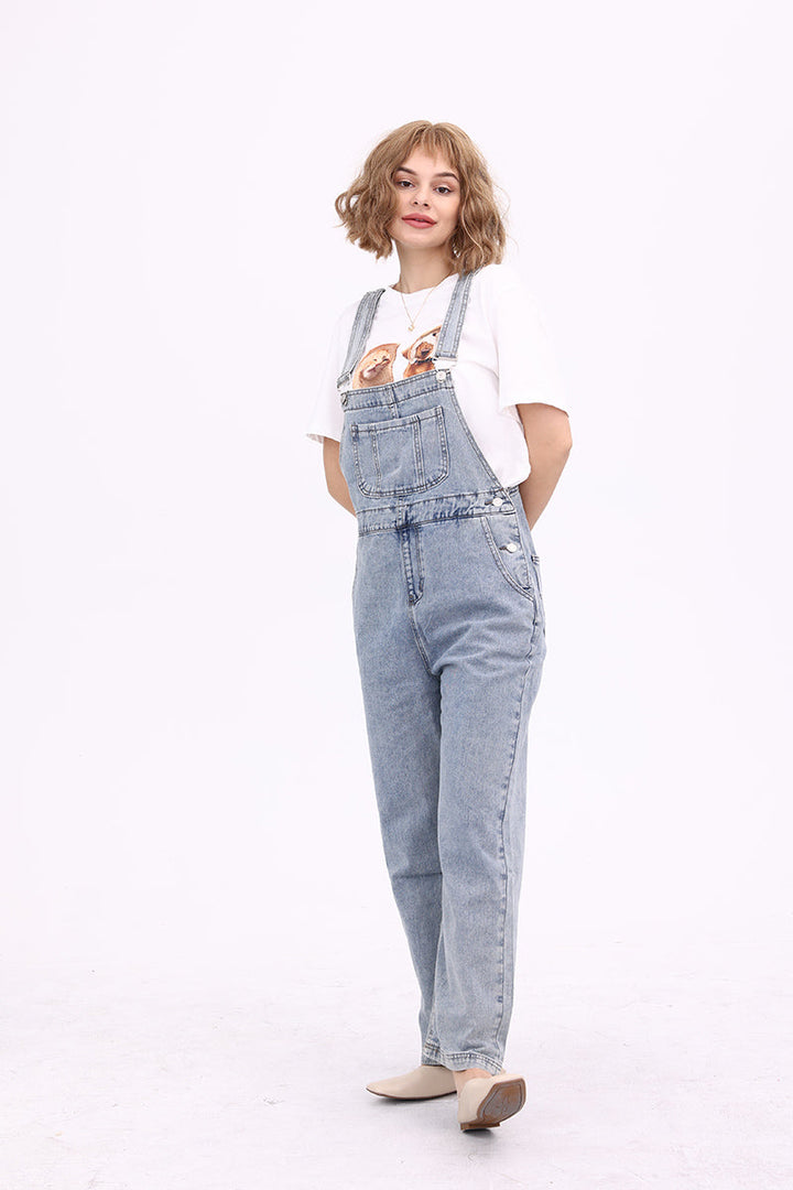Slant Pocket Wide Leg Denim Overalls Light Blue · XL
