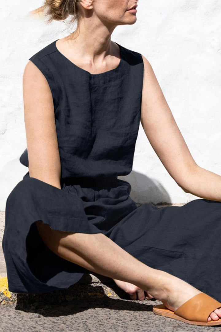 Sleeveless Button-back Cotton Jumpsuits Khaki · L