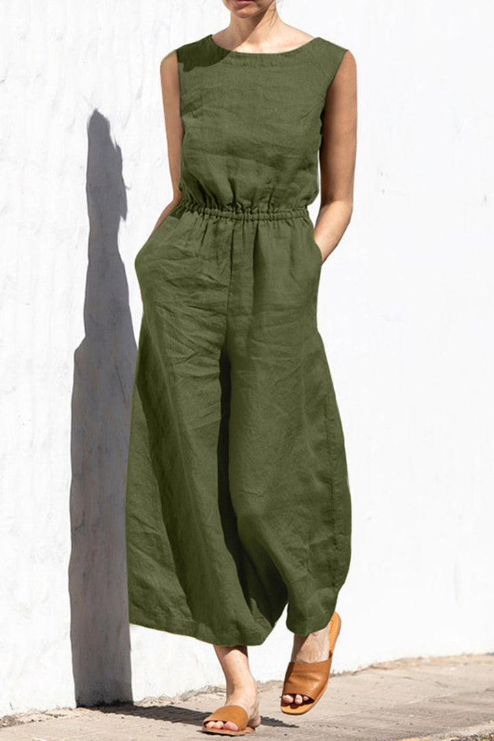 Sleeveless Button-back Cotton Jumpsuits Khaki · XL
