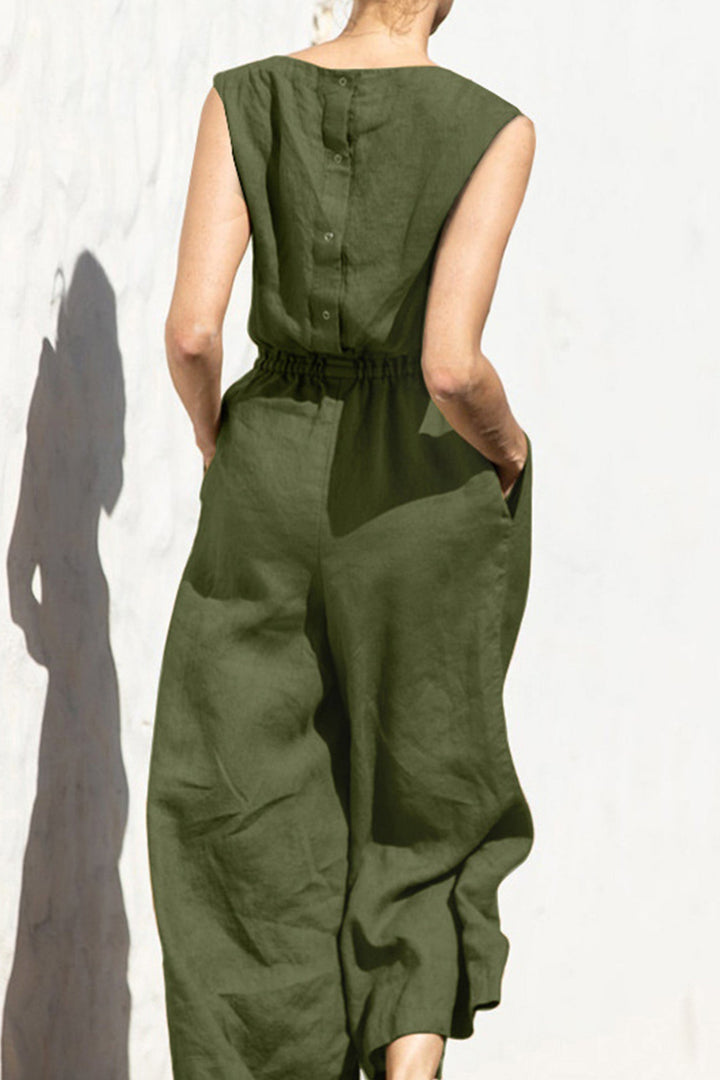 Sleeveless Button-back Cotton Jumpsuits Khaki · 2XL
