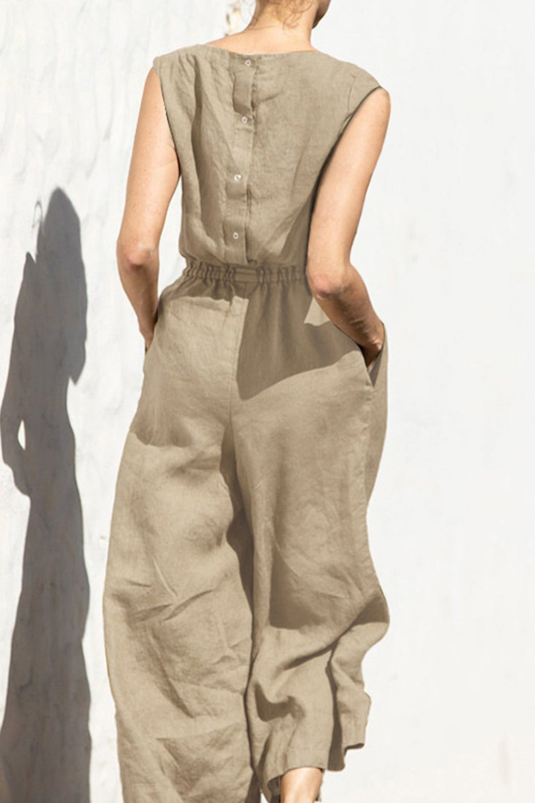 Sleeveless Button-back Cotton Jumpsuits Khaki · S