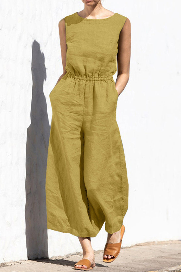 Sleeveless Button-back Cotton Jumpsuits Khaki · 3XL