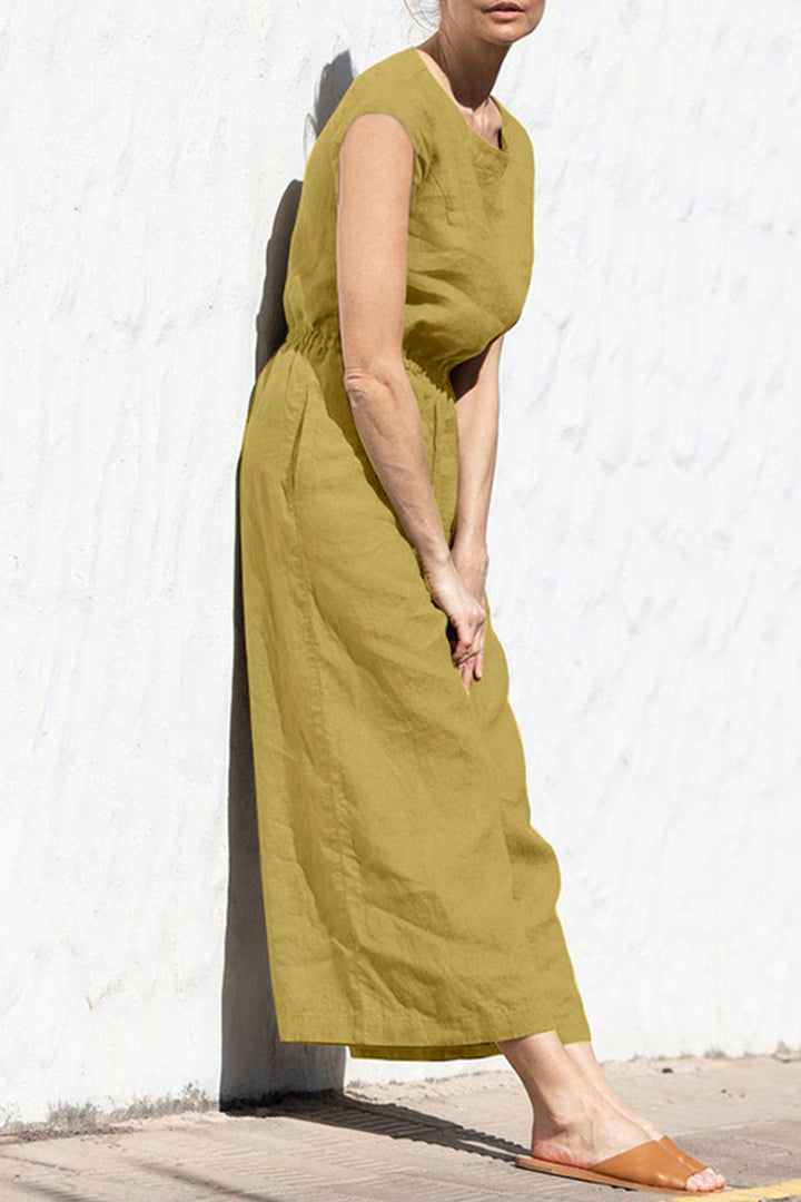 Sleeveless Button-back Cotton Jumpsuits Khaki · 4XL