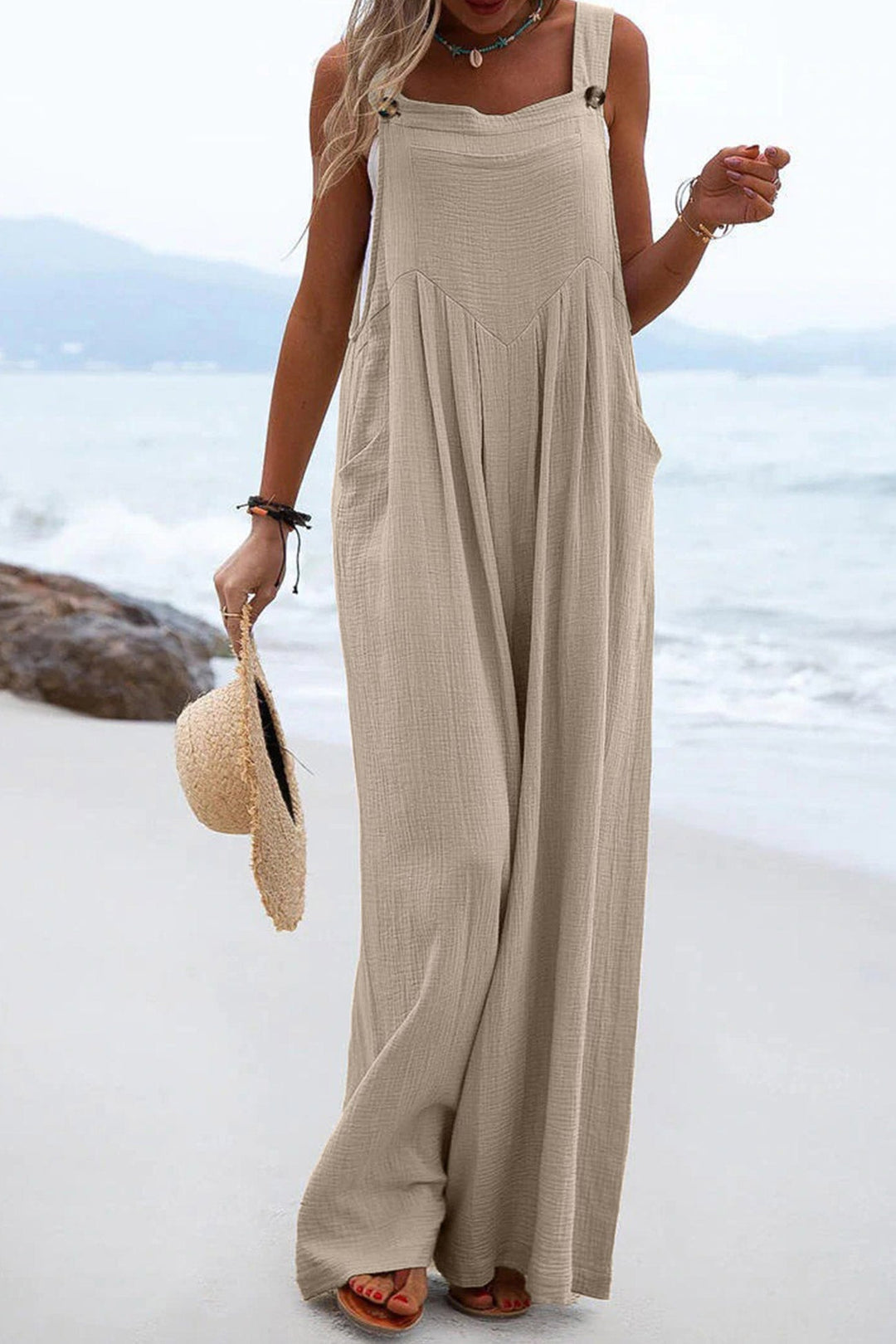 Sleeveless Button-down Jumpsuits Green · L
