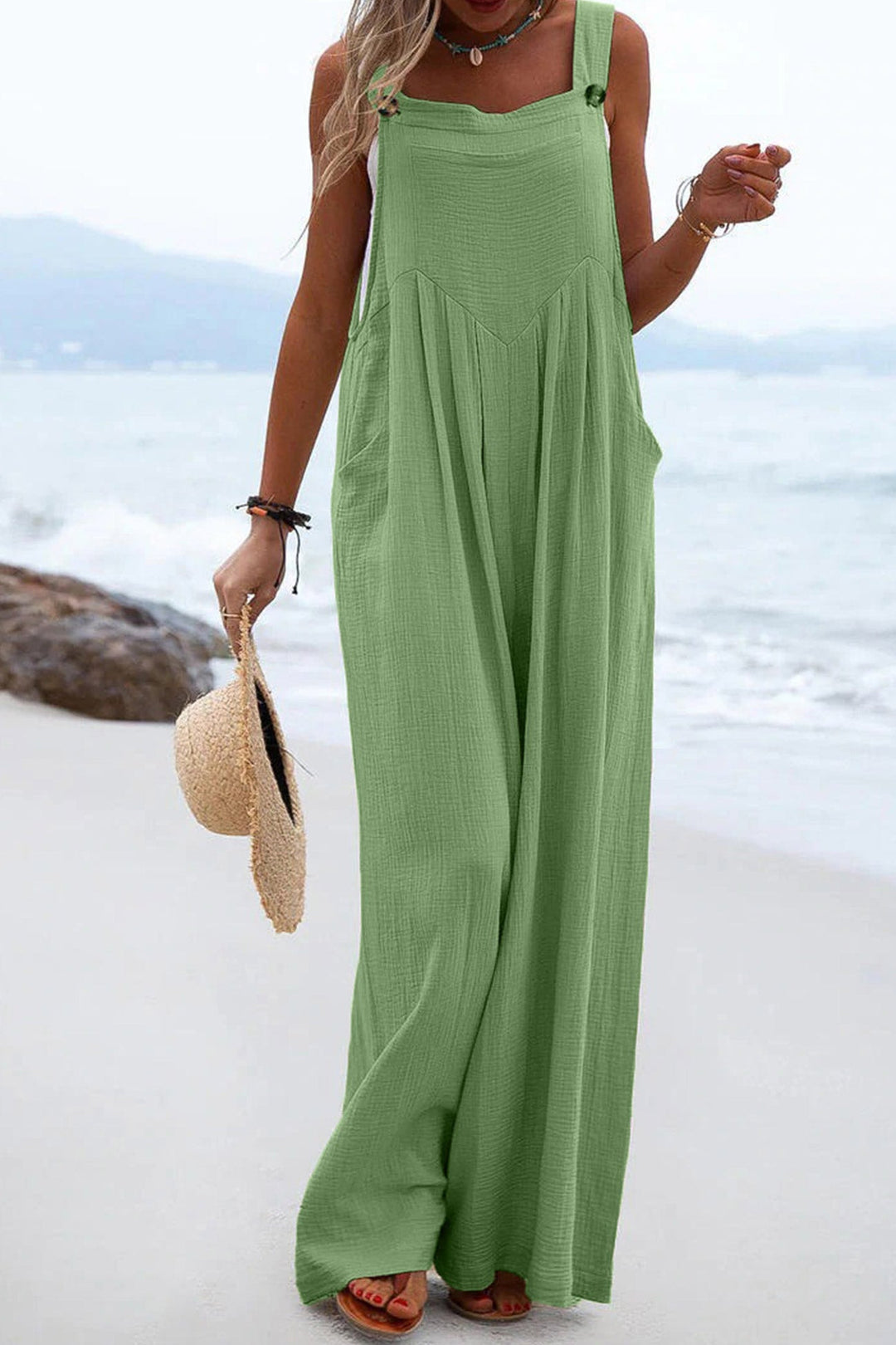 Sleeveless Button-down Jumpsuits Green · S