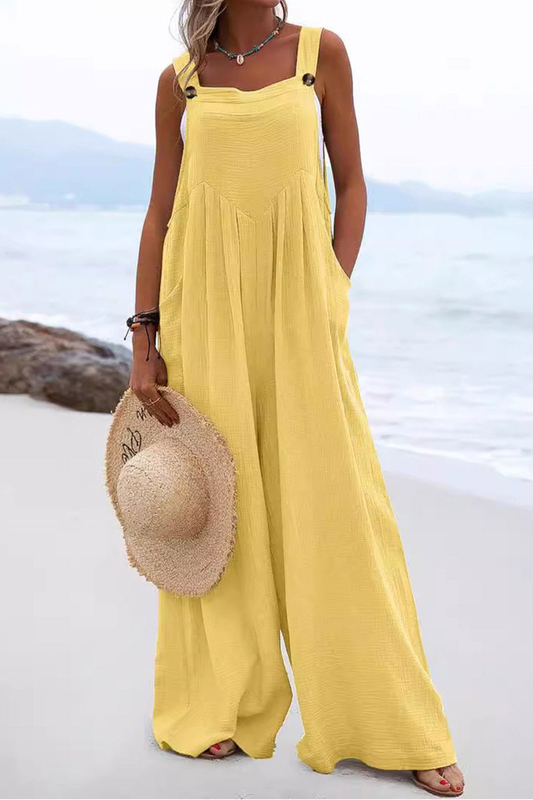 Sleeveless Button-down Jumpsuits Khaki · XL