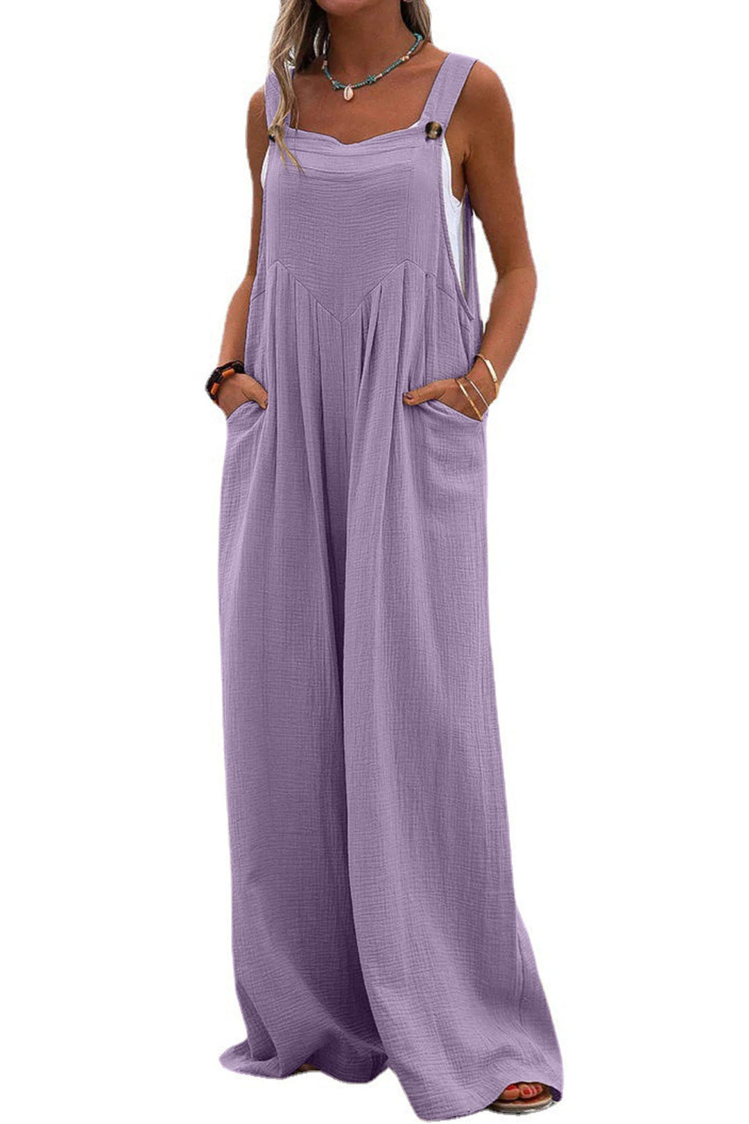 Sleeveless Button-down Jumpsuits Beige · XL