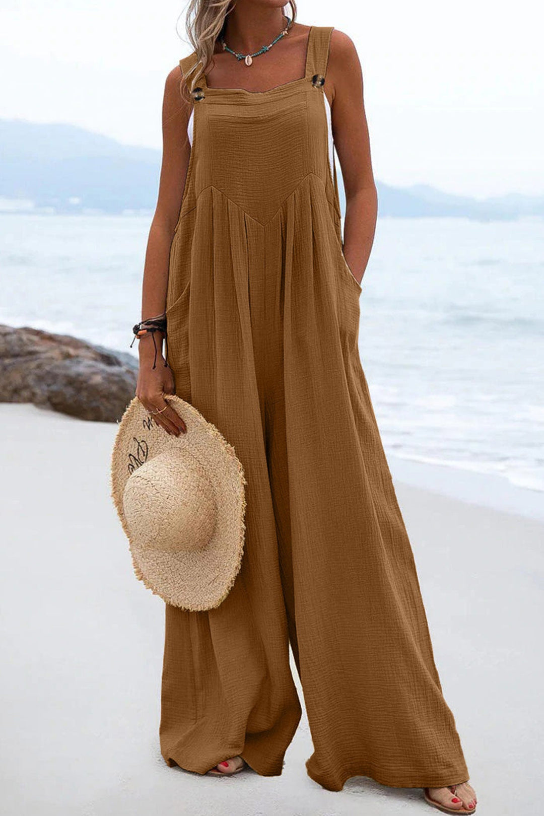 Sleeveless Button-down Jumpsuits Beige · S