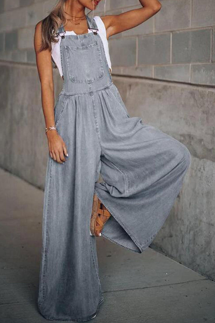 Sleeveless Pocket Front Loose Denim Jumpsuits Light Blue · L