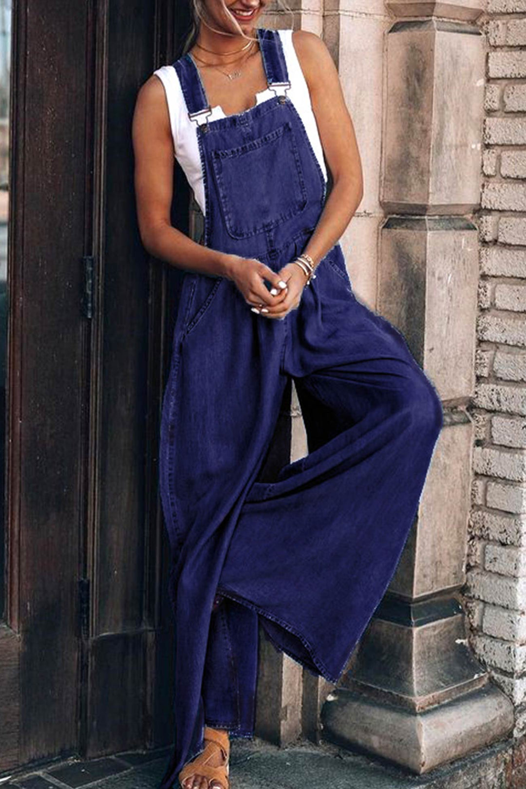Sleeveless Pocket Front Loose Denim Jumpsuits Dark Blue · 2XL