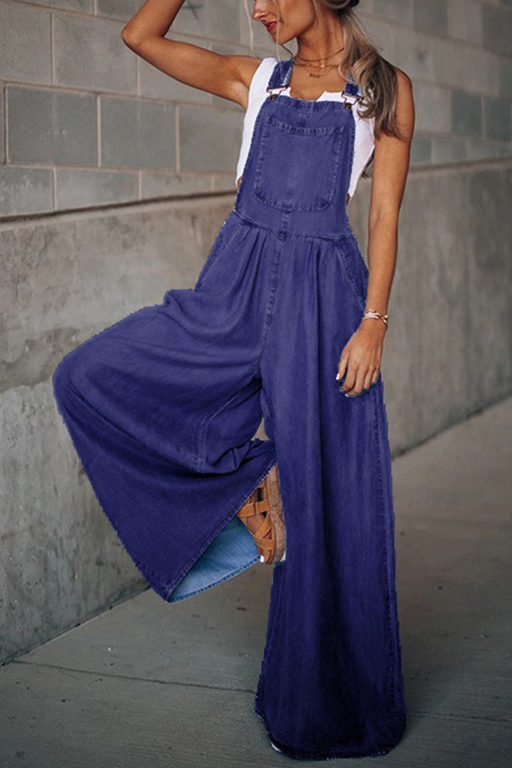 Sleeveless Pocket Front Loose Denim Jumpsuits Light Blue · M