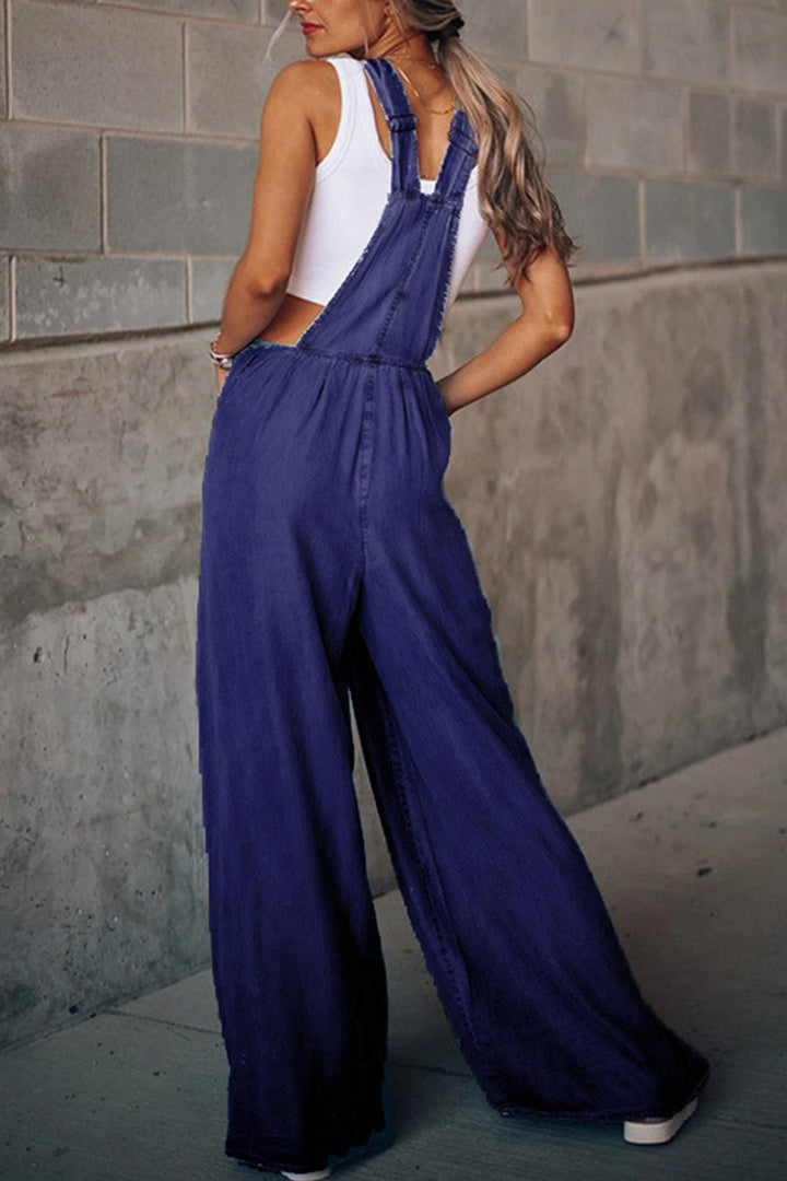 Sleeveless Pocket Front Loose Denim Jumpsuits Light Blue · S