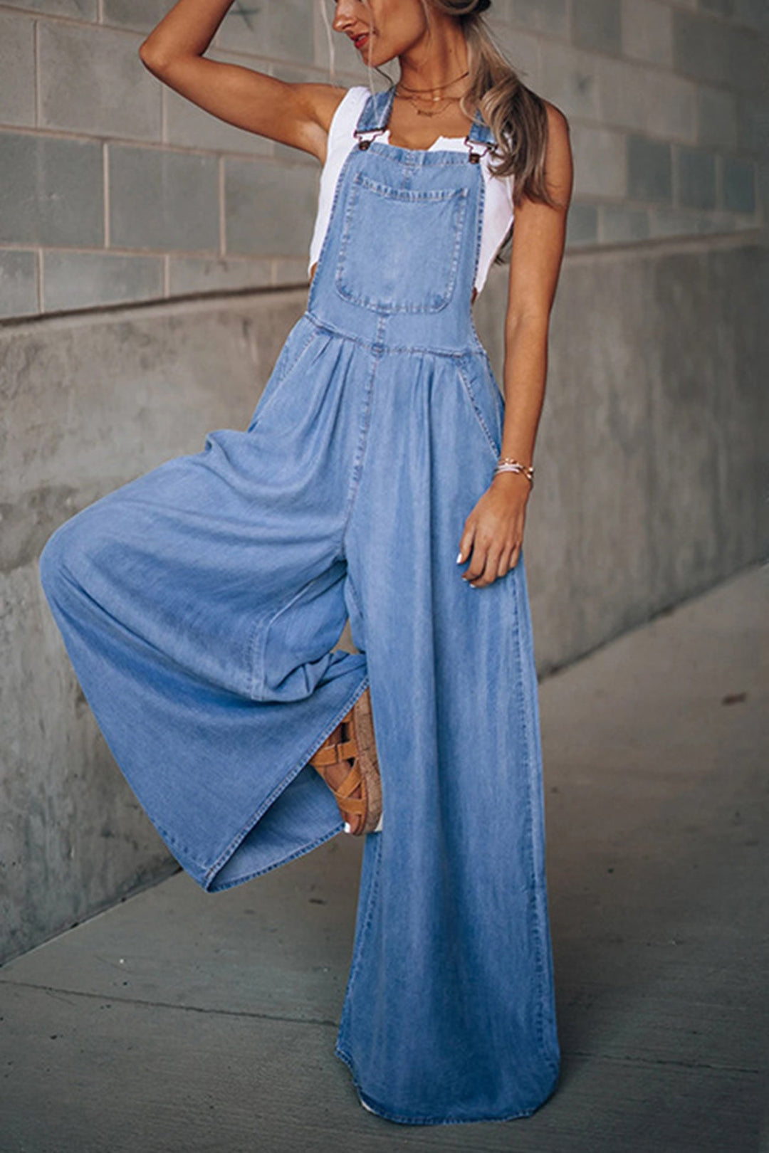 Sleeveless Pocket Front Loose Denim Jumpsuits Dark Blue · S