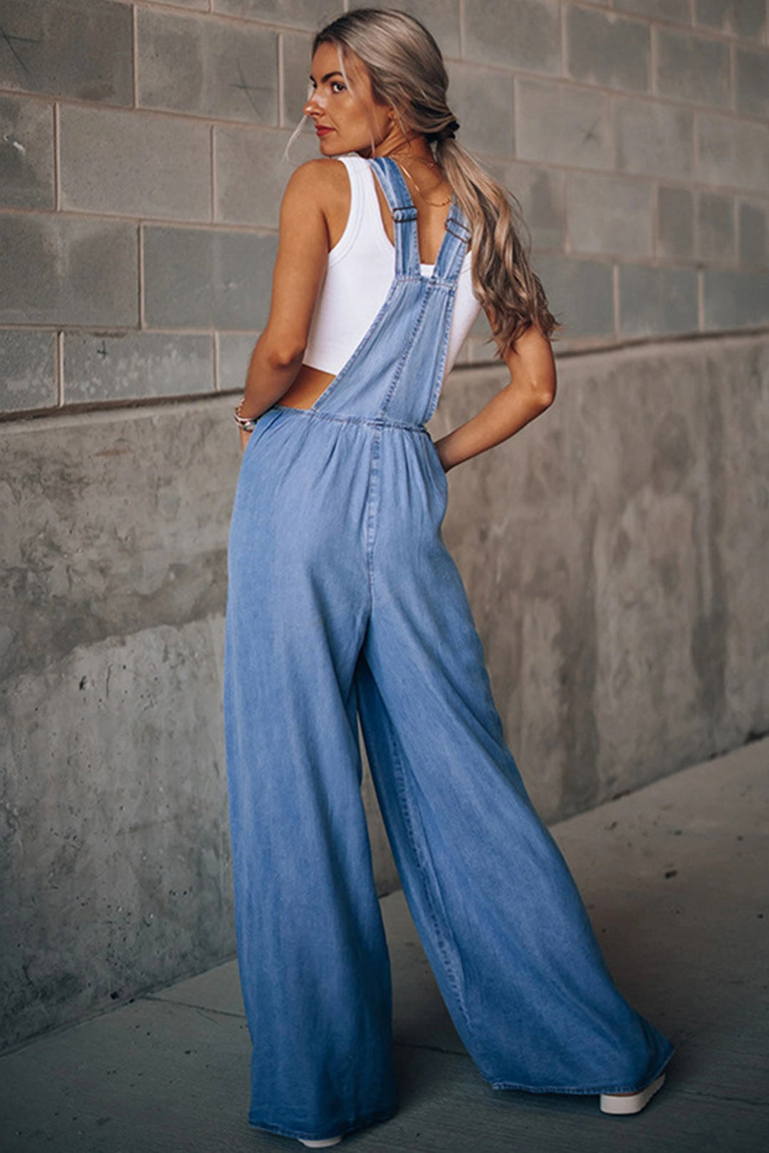 Sleeveless Pocket Front Loose Denim Jumpsuits Dark Blue · L