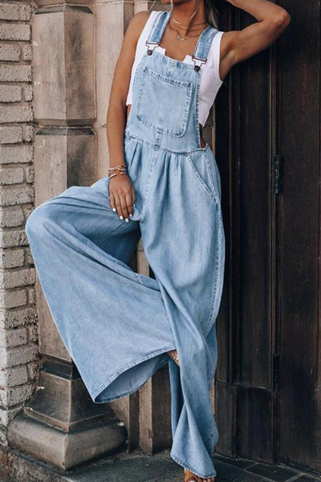 Sleeveless Pocket Front Loose Denim Jumpsuits Dark Blue · XL