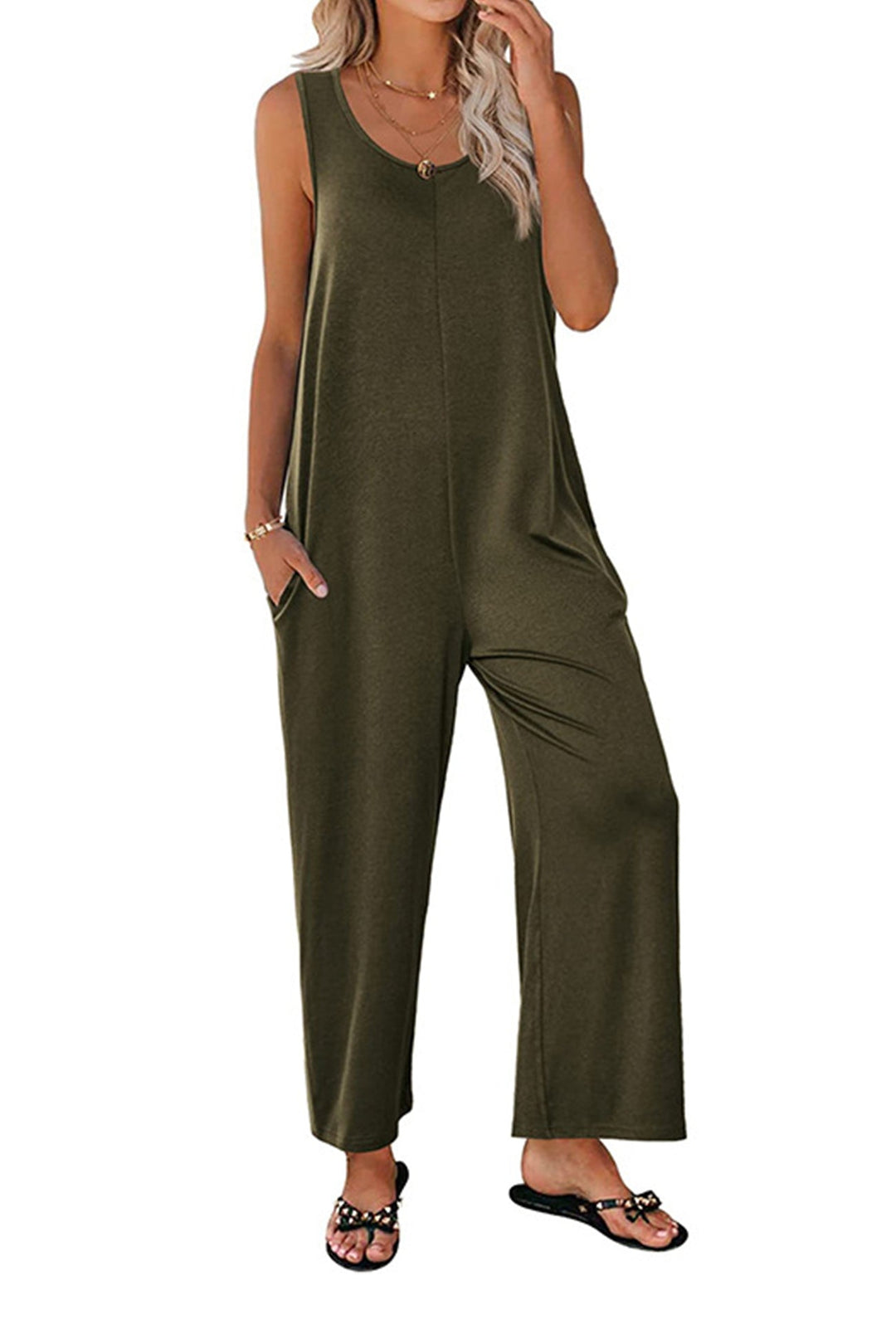 Sleeveless Pocketed Wide Leg Jumpsuits Grey · M