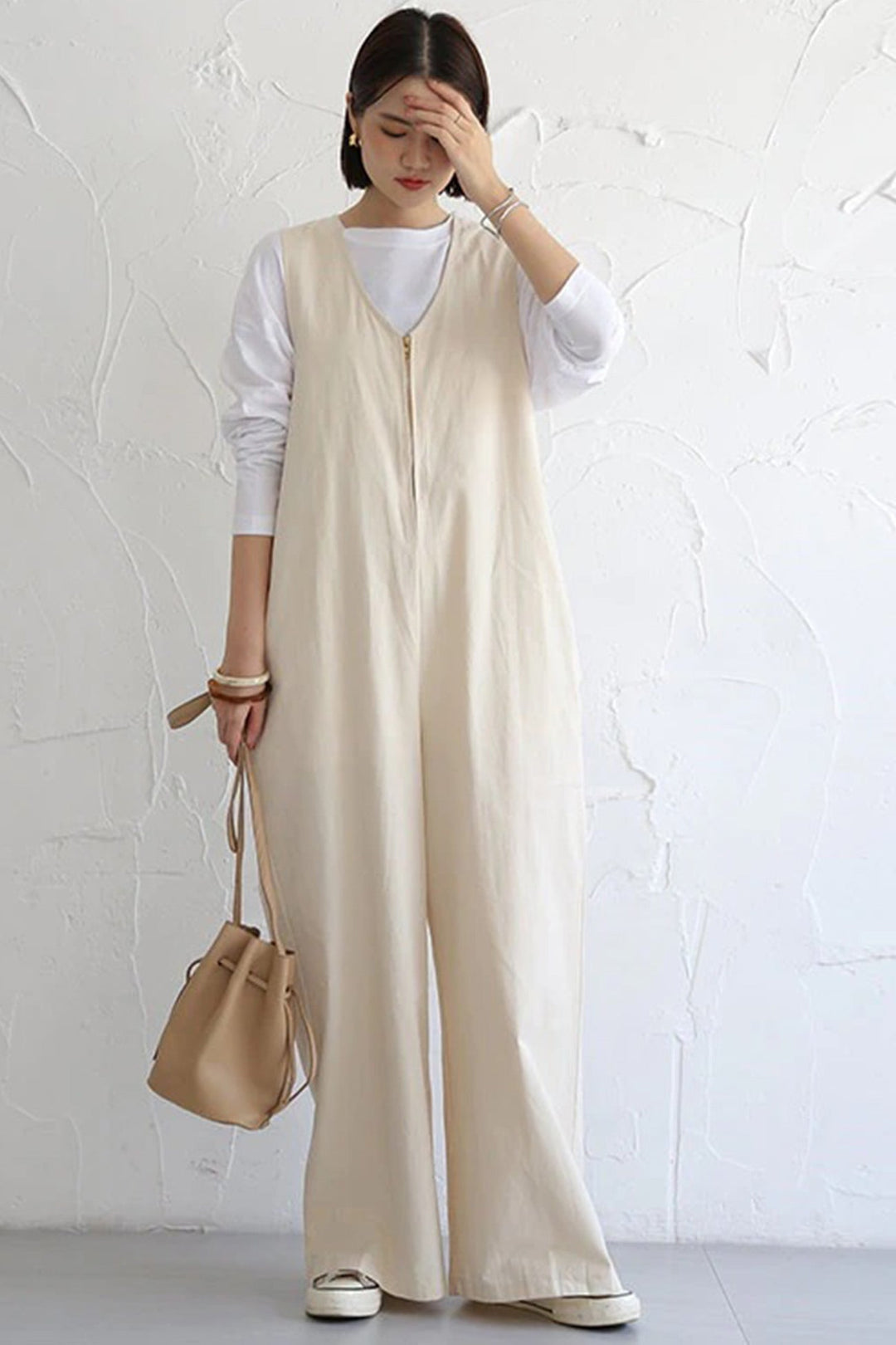 Sleeveless Zip-Front Wide Leg Jumpsuits Beige · One Size