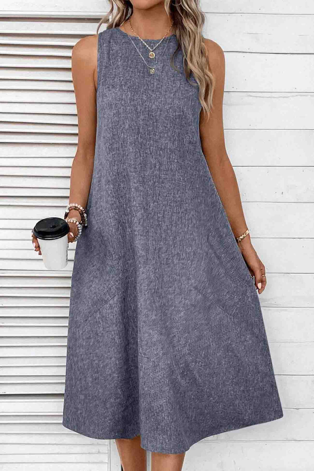 Sleeveless Pocket Midi Dress Light Blue · L