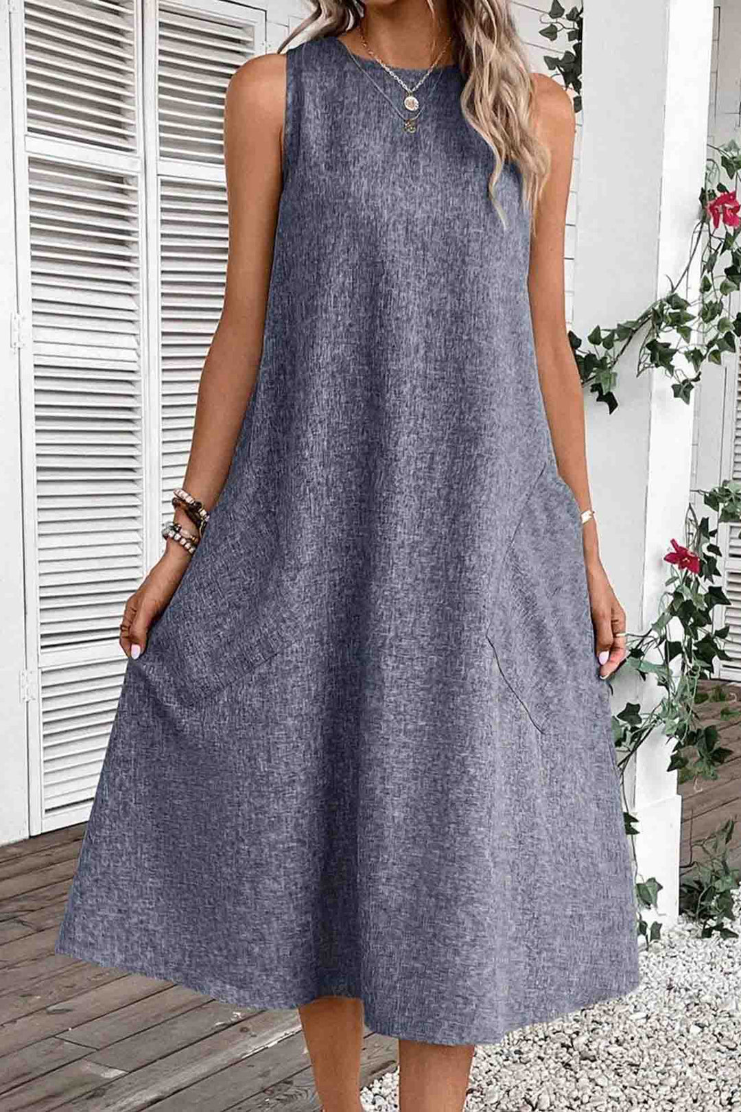 Sleeveless Pocket Midi Dress Light Blue · XL