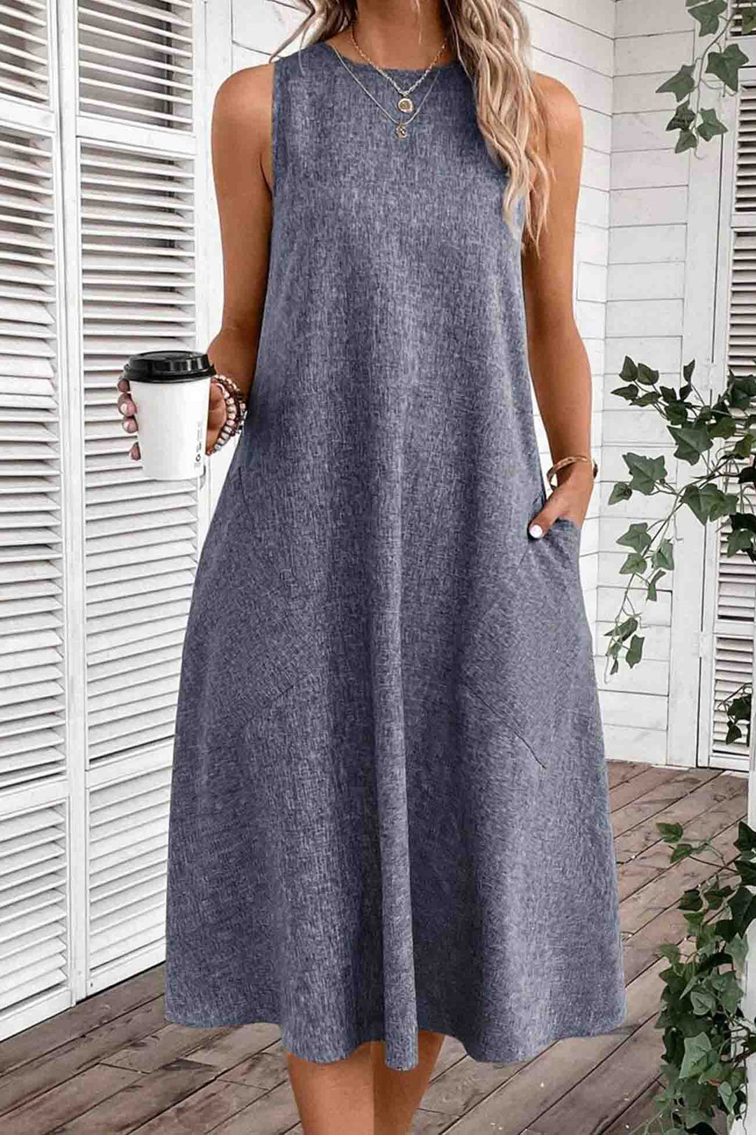 Sleeveless Pocket Midi Dress Light Blue · 3XL