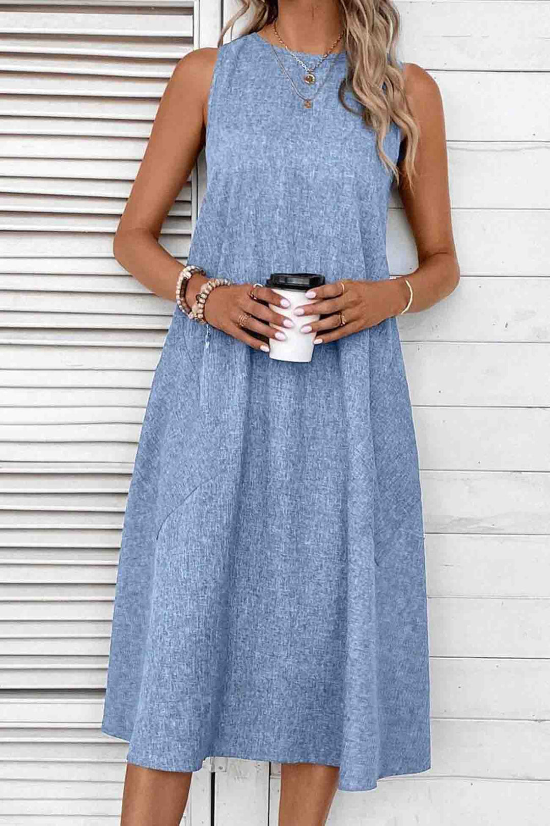Sleeveless Pocket Midi Dress Light Blue · M