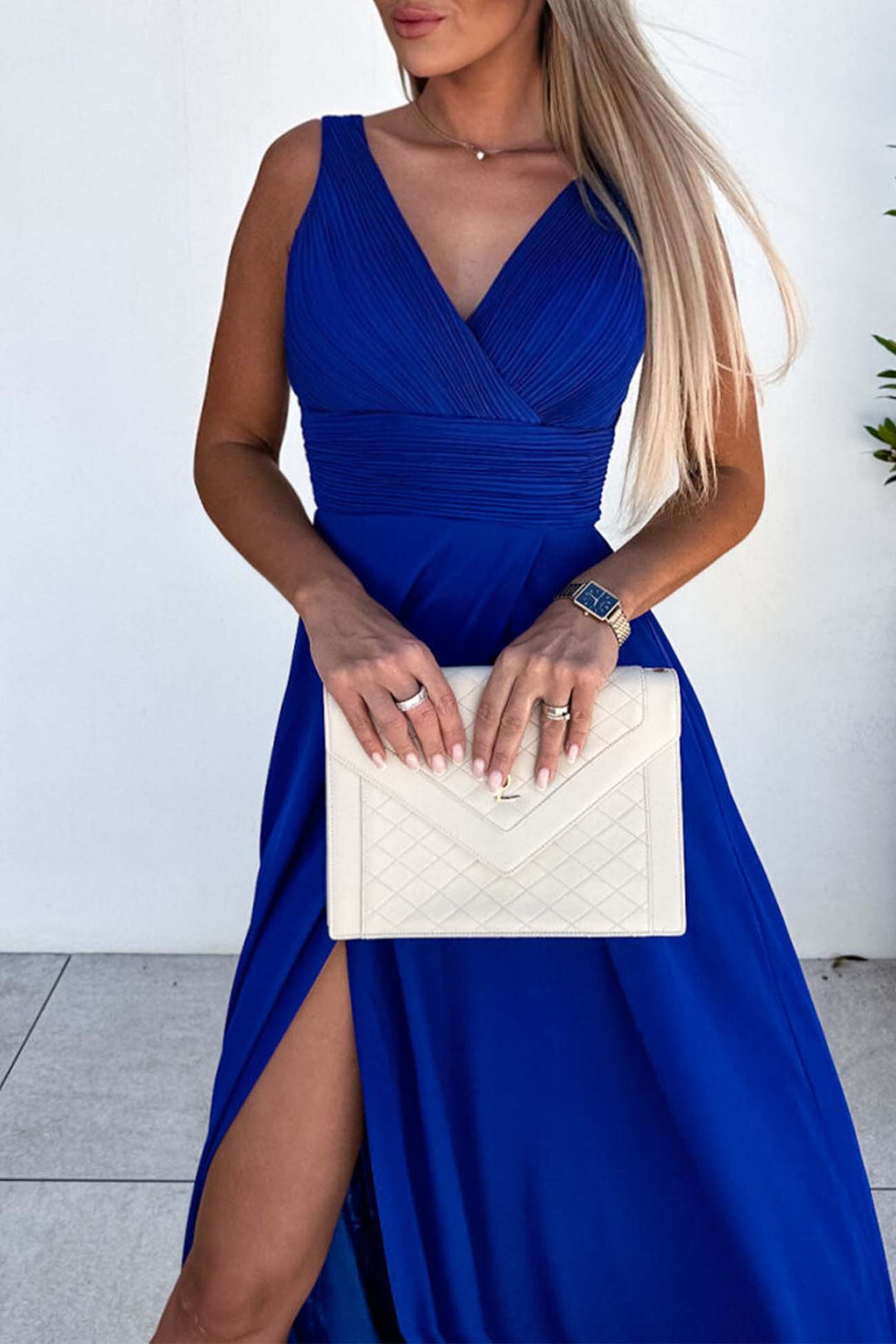 Sleeveless V Neck Ruched Backless Slit Dress Blue · XL