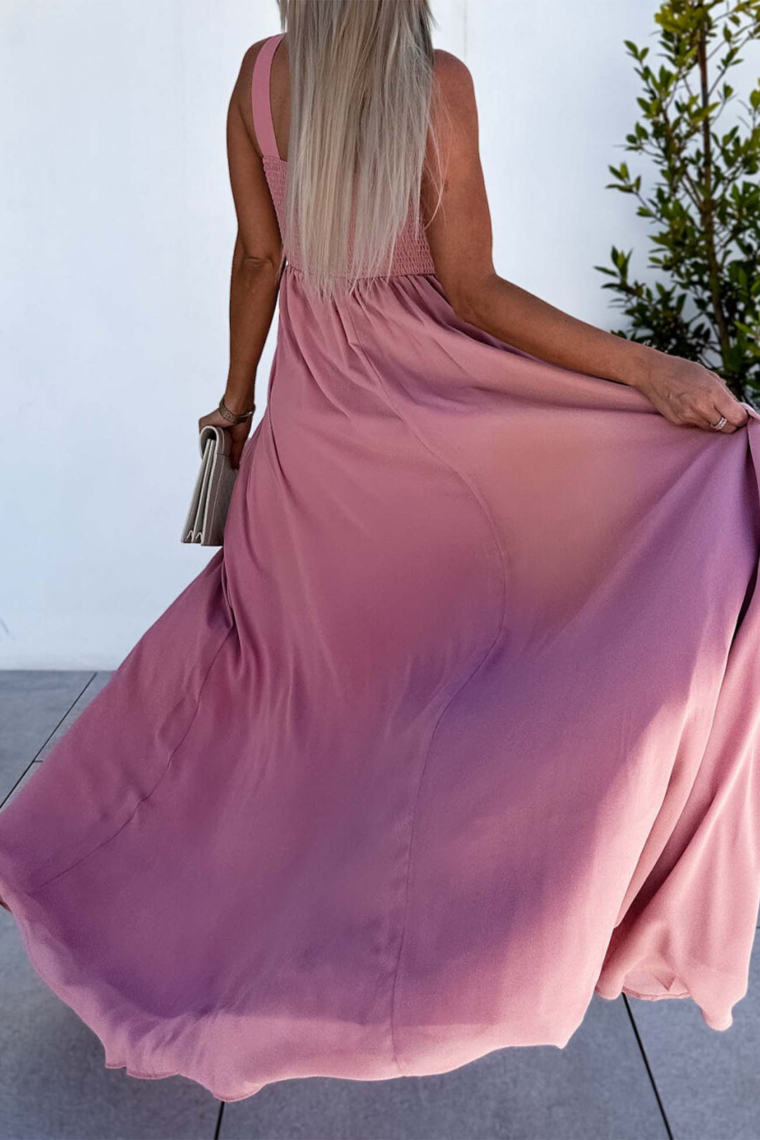 Sleeveless V Neck Ruched Backless Slit Dress Pink · L