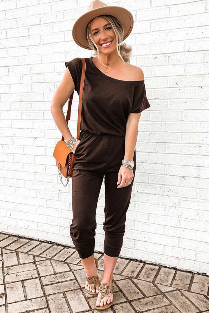Sloping Shoulders High Waist Jumpsuits Wine Red · L