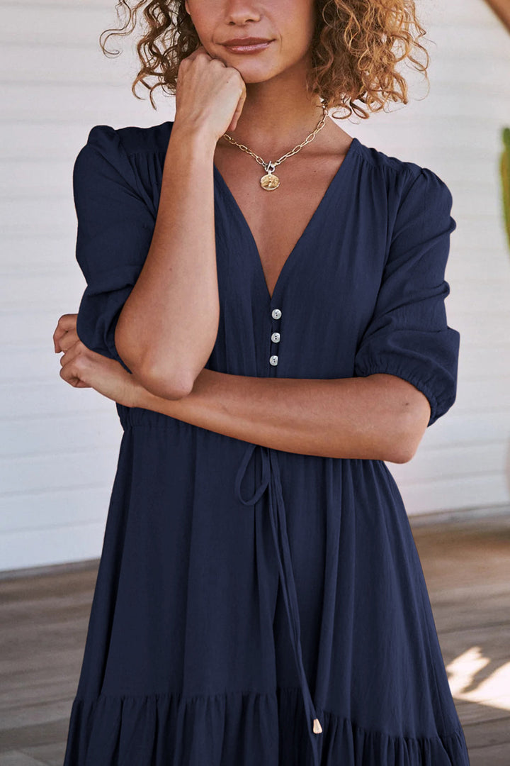 Solid Button Down Tiered Half Sleeve Dress Navy Blue · XL
