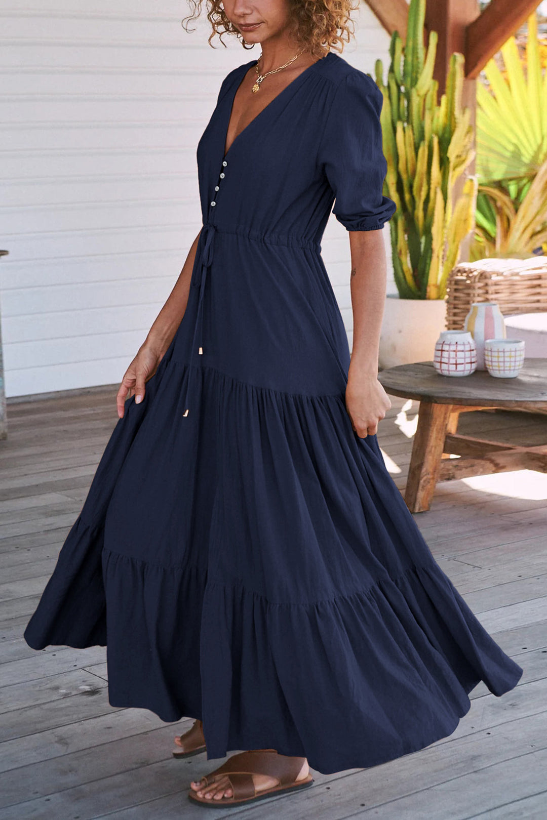 Solid Button Down Tiered Half Sleeve Dress Navy Blue · S