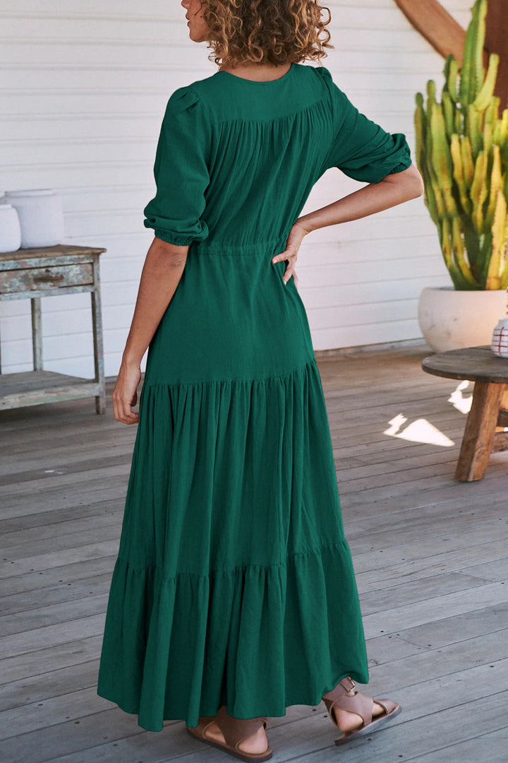 Solid Button Down Tiered Half Sleeve Dress Dark Green · M