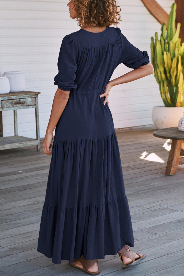 Solid Button Down Tiered Half Sleeve Dress Navy Blue · M