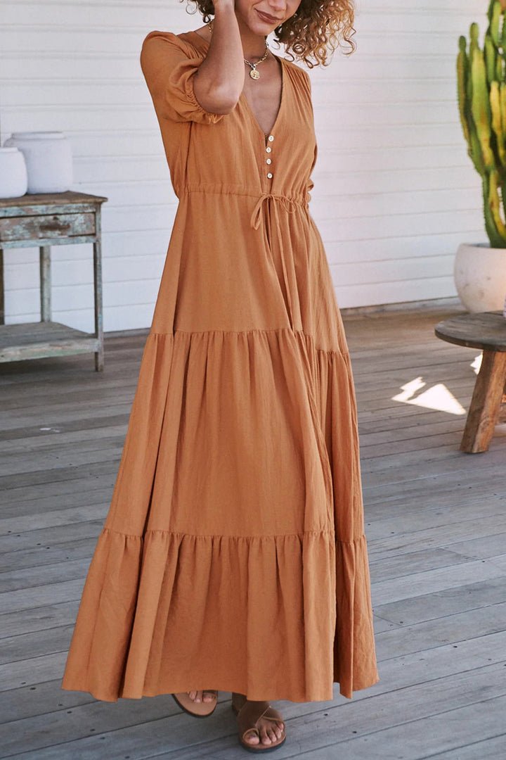 Solid Button Down Tiered Half Sleeve Dress Brown · L
