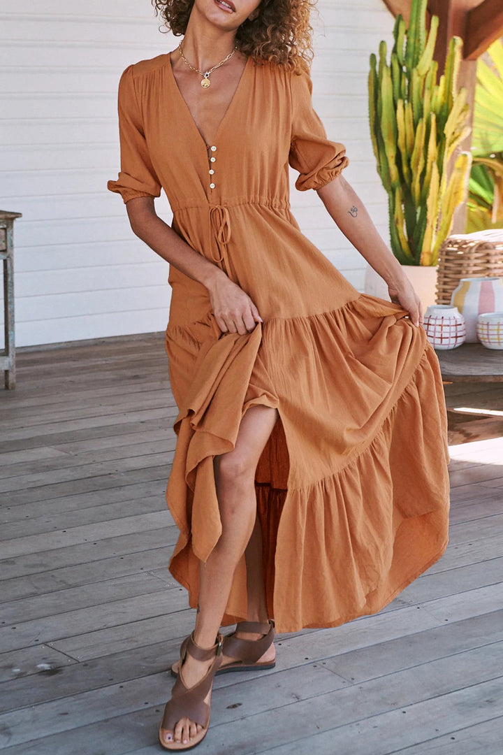 Solid Button Down Tiered Half Sleeve Dress Rose · XL