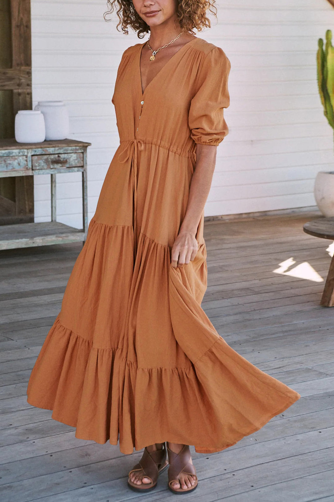Solid Button Down Tiered Half Sleeve Dress Brown · XL