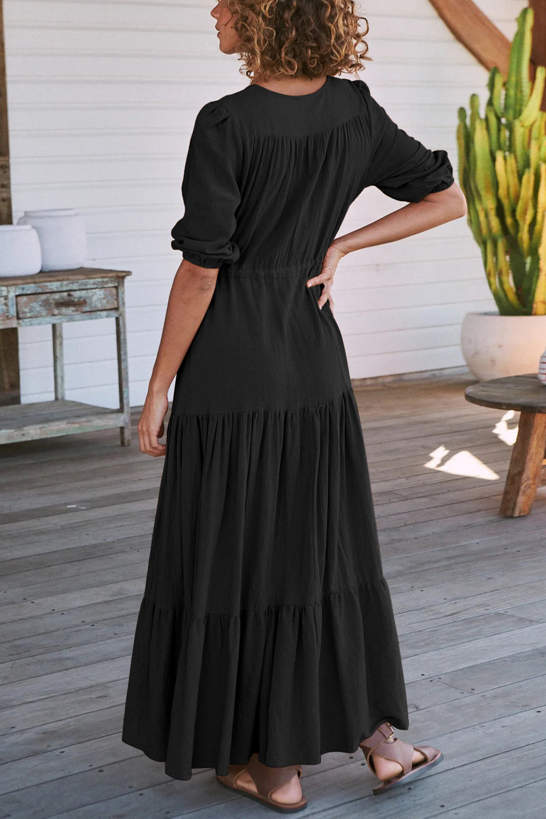 Solid Button Down Tiered Half Sleeve Dress Black · M