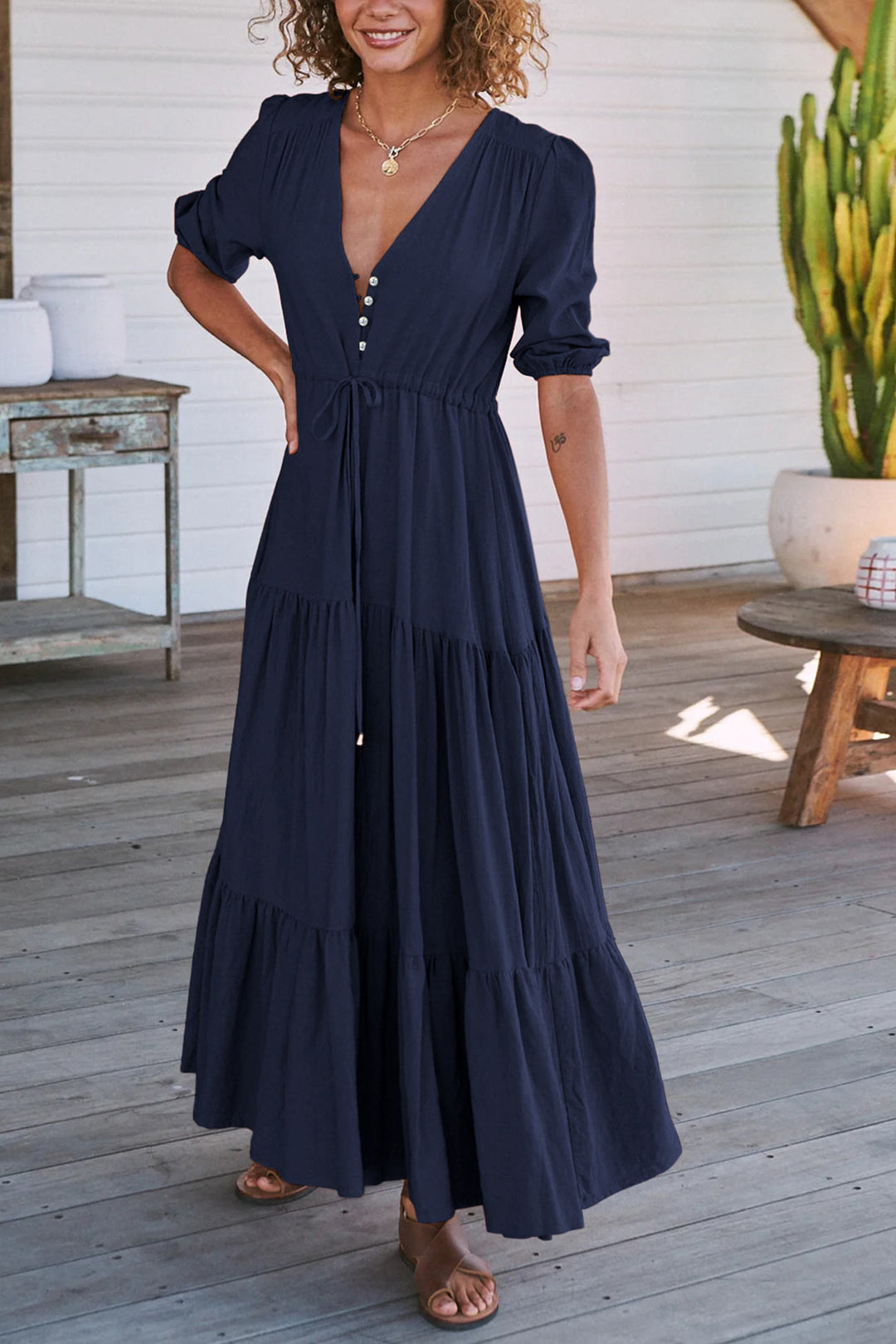 Solid Button Down Tiered Half Sleeve Dress Navy Blue · L