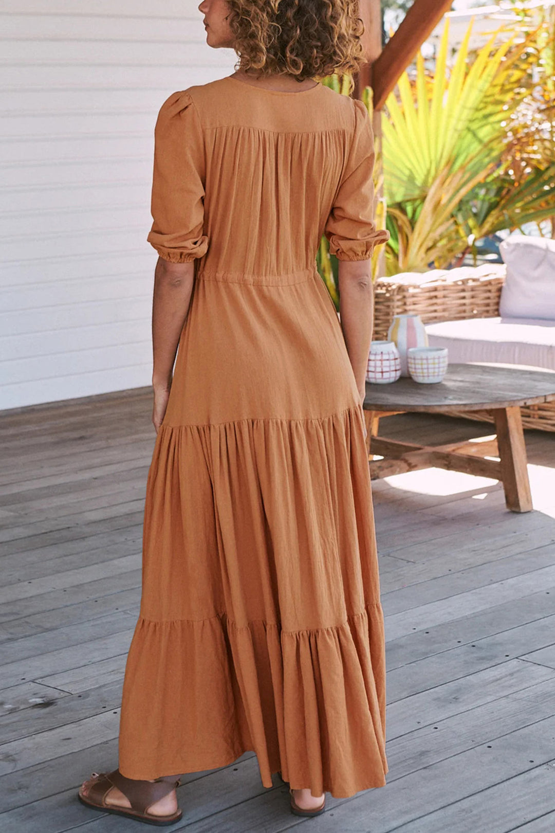 Solid Button Down Tiered Half Sleeve Dress Brown · S