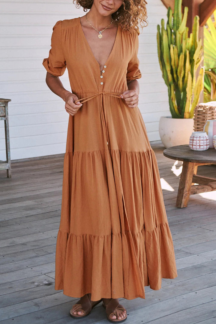 Solid Button Down Tiered Half Sleeve Dress Brown · M