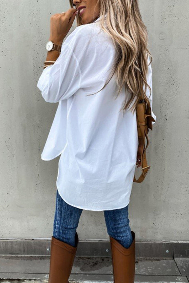 Solid Button-down High Low Hem Blouse White · L