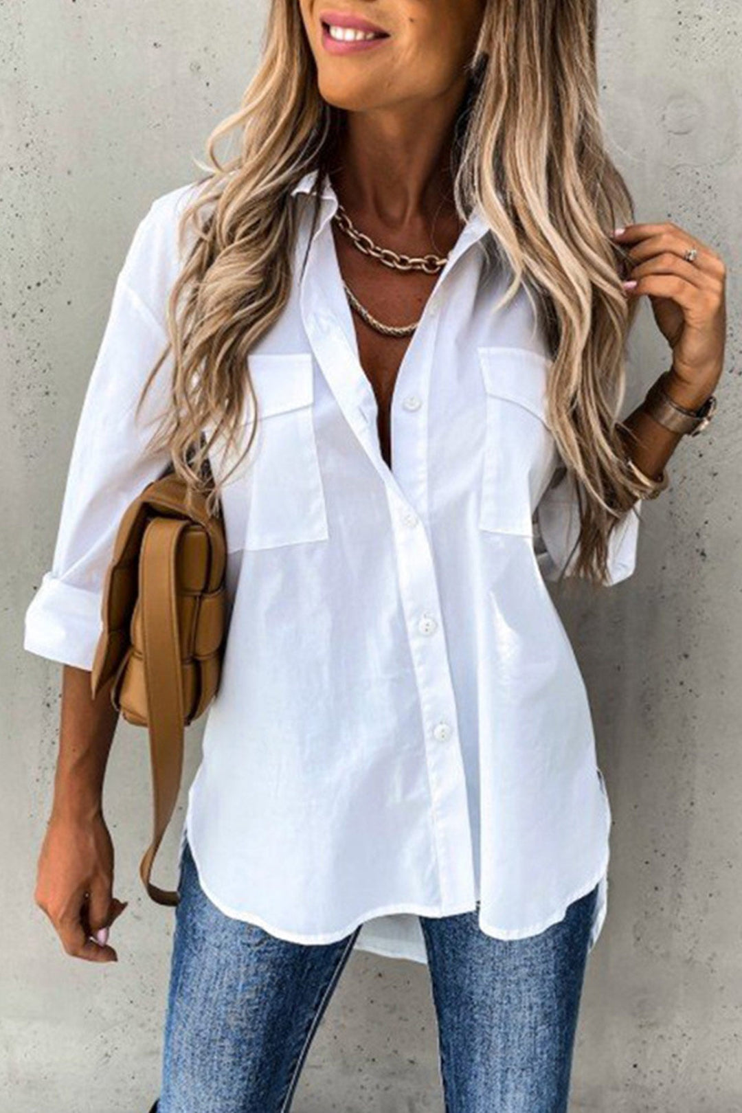 Solid Button-down High Low Hem Blouse White · S